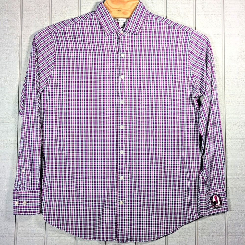 Peter Millar Dress Shirt Men's Size L Crown Purple Plaid Button Up Pelican Marsh - Picture 3 of 12